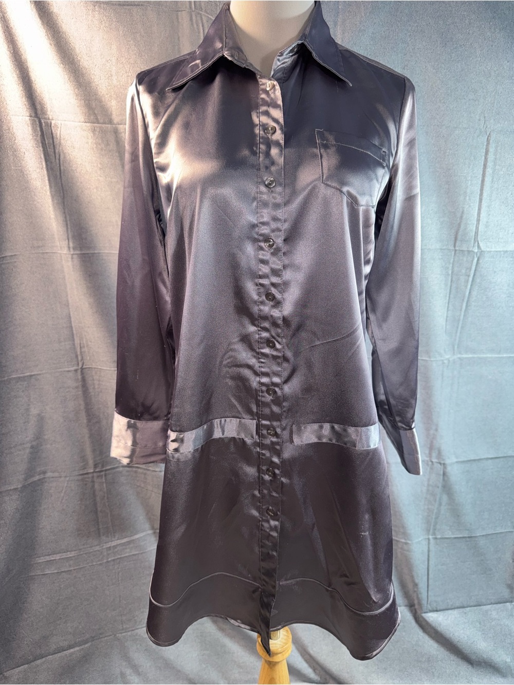 2207-Mlle Gabrielle Charcoal Satin Button-Front Long Sleeve Dress